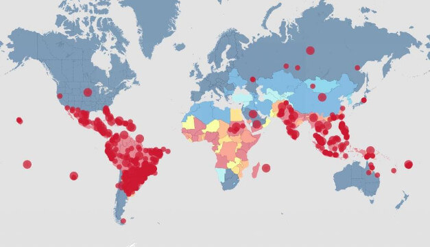 Mapa-múndi traçando casos de dengue
